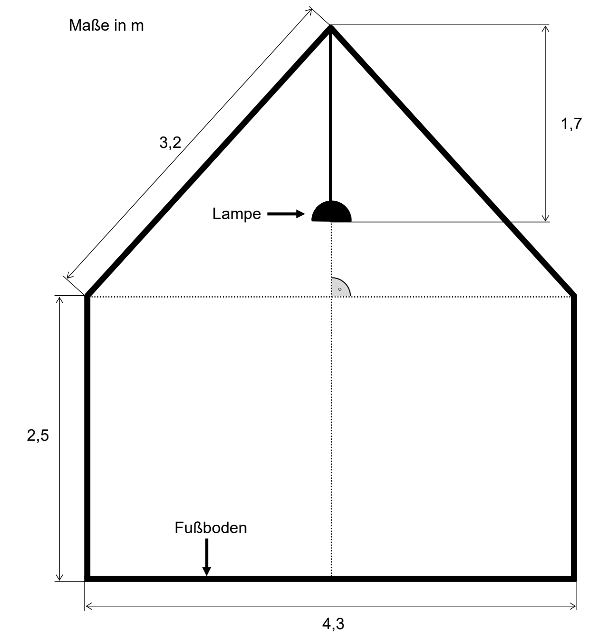 Skizze eines Hauses mit Maßen und Lampe im Innenraum.